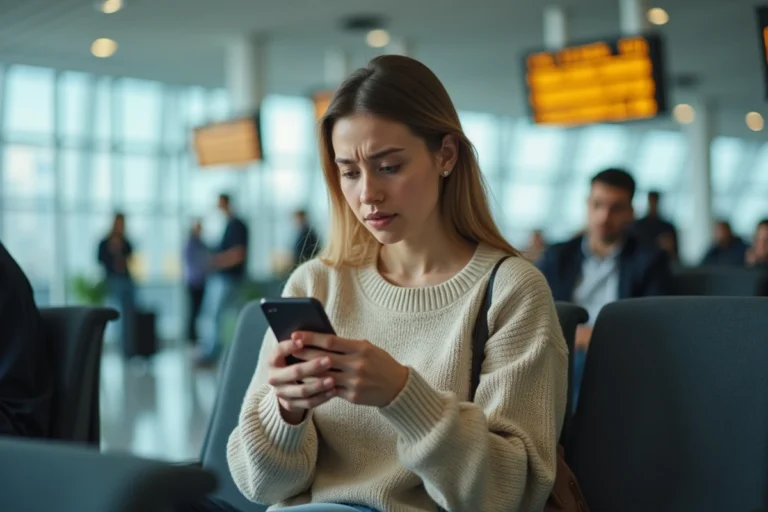 Jeune femme cherchant le numéro de contact Blablacar Bus sur son smartphone dans un terminal de bus