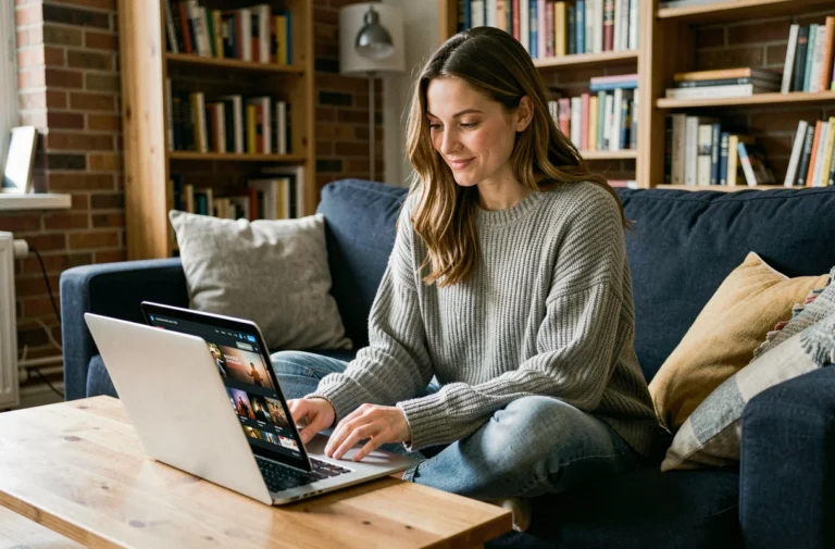 Jeune femme naviguant sur un site de streaming gratuit depuis son canapé avec un ordinateur portable