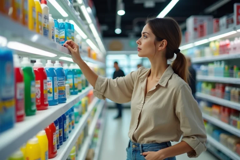 Femme en supermarché comparant des produits ménagers alternatifs au Domestos dans le rayon nettoyants
