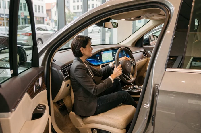 Femme découvrant le tableau de bord numérique d'un SUV de luxe dans une concession automobile haut de gamme