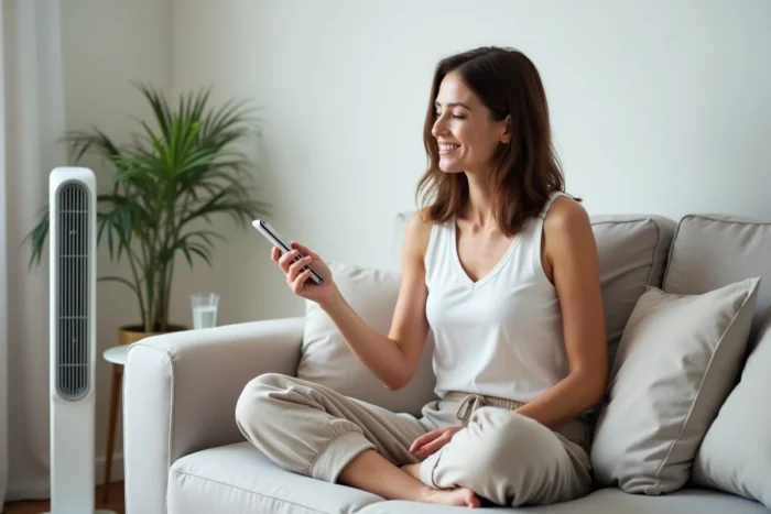 Femme utilisant la télécommande du ventilateur Valberg depuis son canapé dans une chambre minimaliste