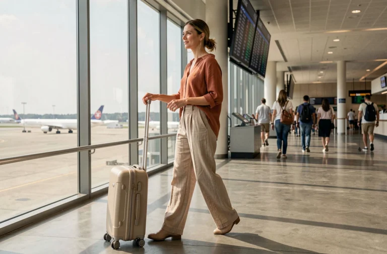 Femme élégante en tenue de voyage légère dans un aéroport moderne, tirant une valise cabine devant le tableau des départs