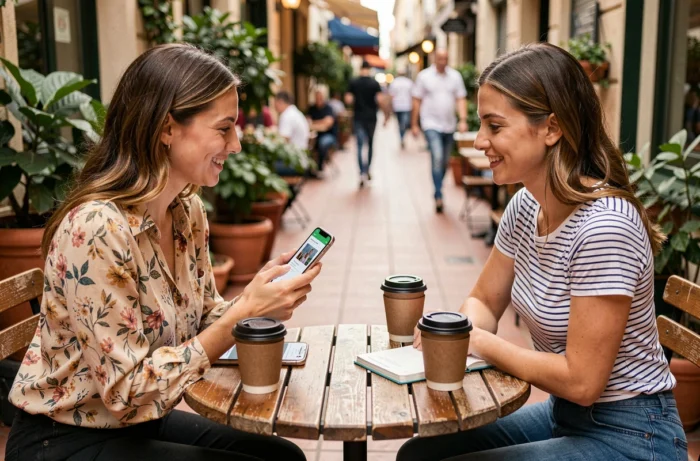 Deux femmes partageant des ressources santé en ligne sur smartphone en terrasse de café