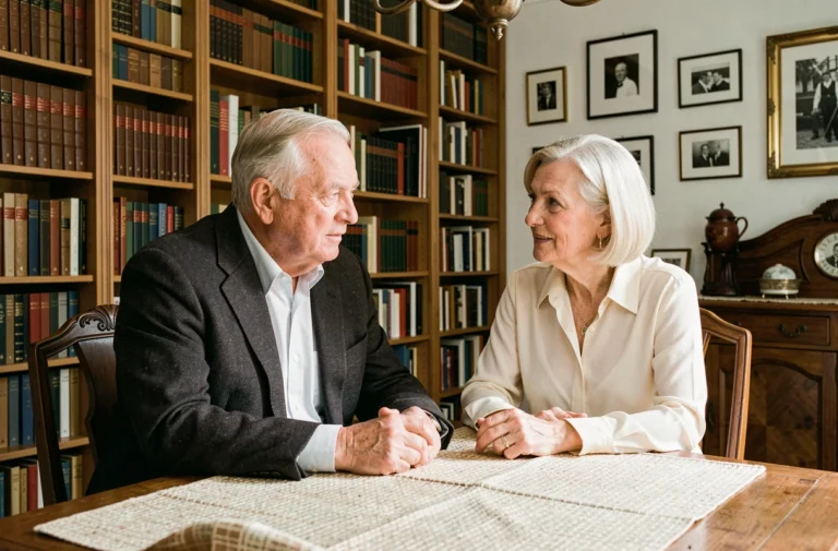 Couple âgé dans un appartement européen traditionnel entouré de livres et de photographies historiques