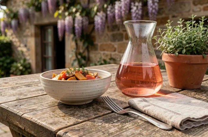 Gros plan d'un bol de ratatouille en céramique artisanale et d'une carafe de rosé sur une table en bois brut au Bistrot de Marie
