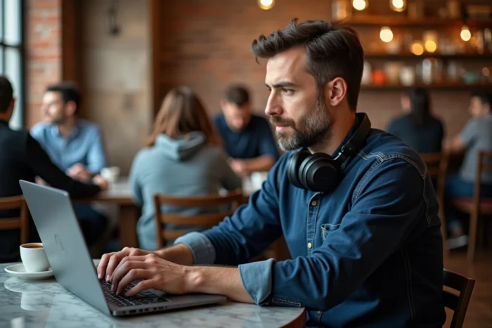 Homme adulte pratiquant l'anglais sur un ordinateur portable dans un café urbain animé
