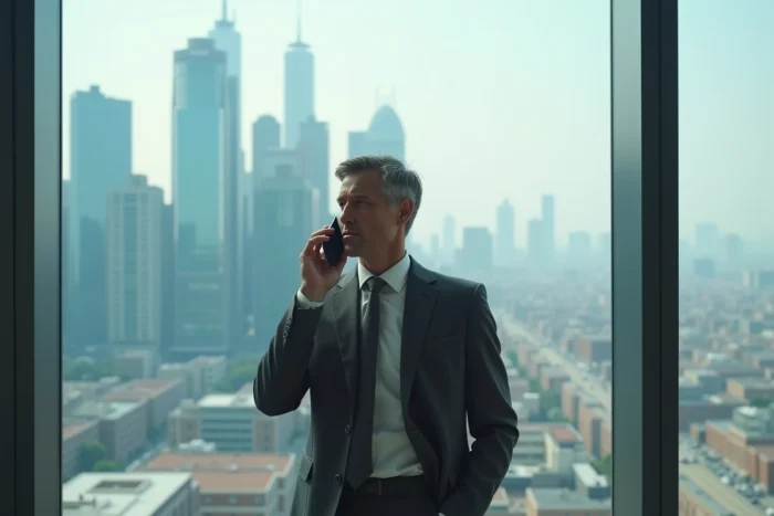 Homme d'affaires en costume regardant la skyline urbaine lors d'un appel téléphonique professionnel