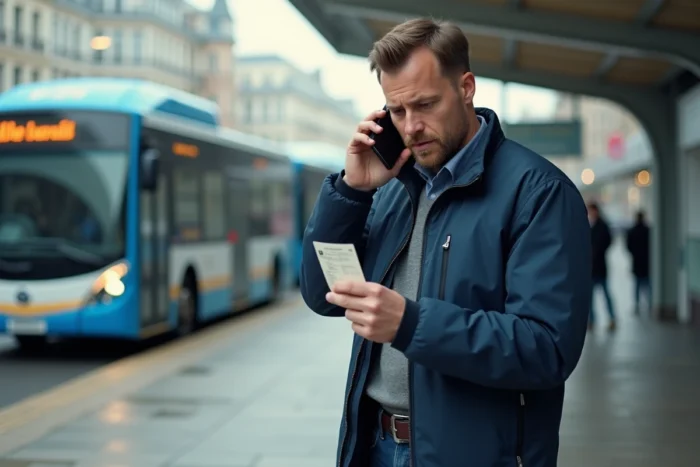 Homme appelant le service client Blablacar Bus depuis un quai de gare routière avec son billet en main