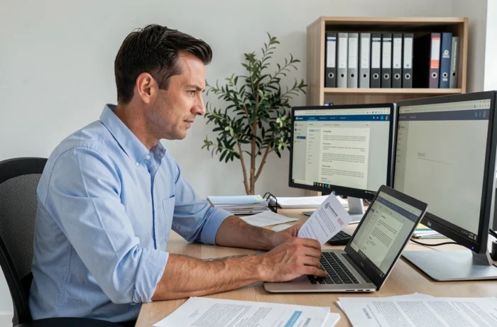 Homme adulte gérant une tutelle à distance depuis son bureau à domicile avec un ordinateur portable