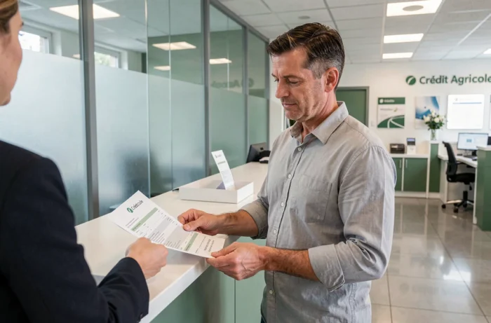 Homme consultant son autorisation de découvert auprès d'un conseiller en agence Crédit Agricole