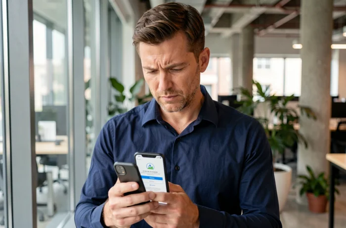 Homme consultant son smartphone avec une erreur de connexion sur l'application MyFoncia dans un espace de coworking