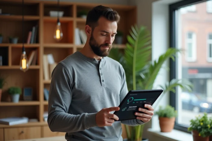 Homme consultant la nouvelle interface Brikstok sur une tablette dans un bureau à domicile