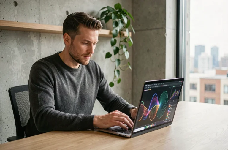 Homme utilisant un laptop haute technologie dans un bureau moderne avec des visualisations de données numériques