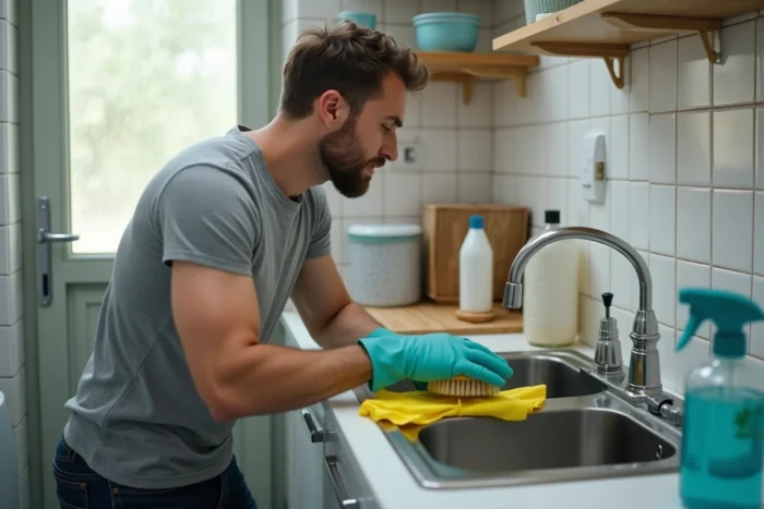 Homme utilisant des alternatives naturelles comme le vinaigre blanc pour nettoyer son évier en l'absence de Domestos