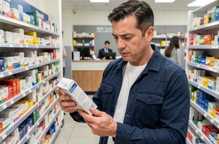 Homme lisant une boîte de médicament en pharmacie pour traiter une maladie courante