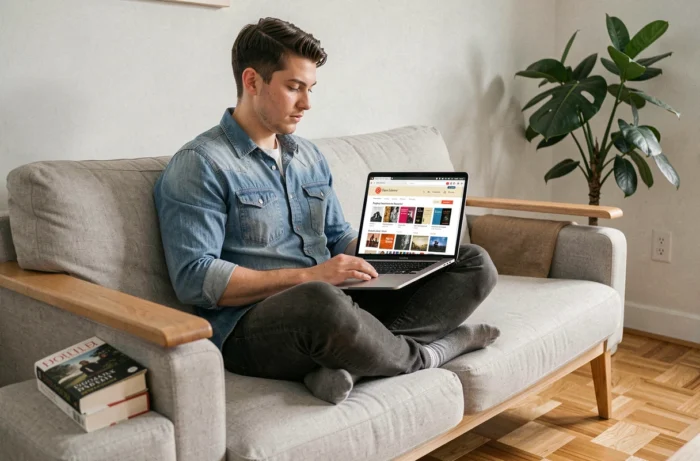 Jeune homme recherchant des ebooks gratuits et légaux sur son ordinateur portable