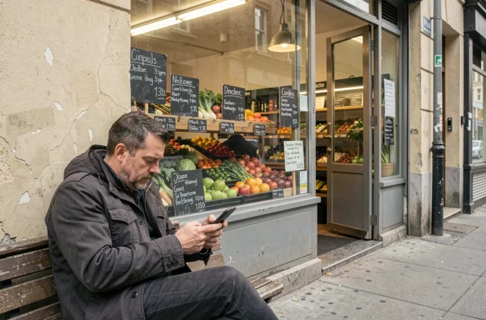 Homme recherchant un primeur ouvert sur son smartphone devant une épicerie de quartier en ville