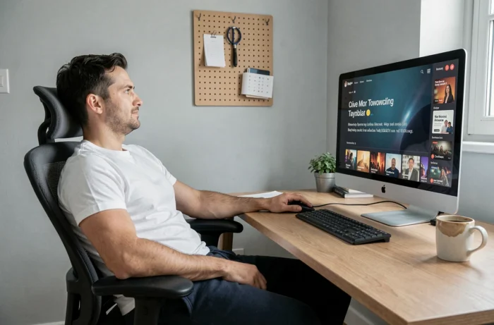 Homme regardant un film sur un site de streaming gratuit depuis son bureau à domicile