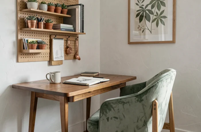 Coin bureau à domicile style mid-century avec bureau en chêne, chaise velours vert sauge et mur organisateur avec plantes succulentes et accessoires cuivrés