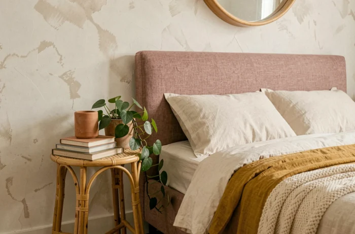 Coin chambre cosy avec tête de lit en lin rose poudré, literie ivoire et moutarde, table de chevet en rotin et plante pothos en décoration murale