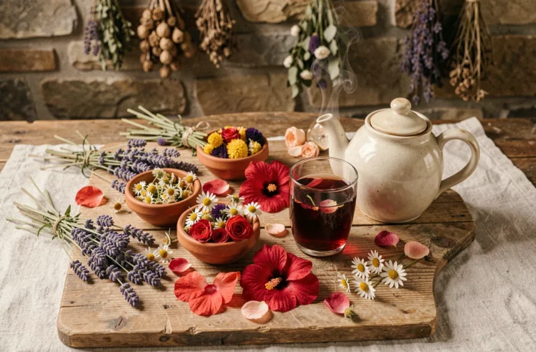 Assortiment de fleurs séchées comestibles dans des bols en terre cuite avec une théière et une infusion florale rouge rubis sur une table en bois rustique
