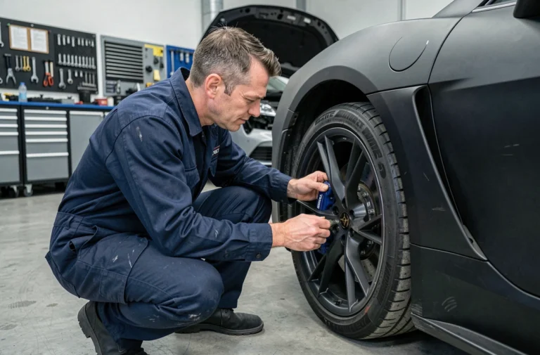 Ingénieur automobile inspectant les freins d'une voiture électrique sportive dans un atelier moderne