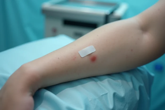 Marque d'injection de produit de contraste sur le bras après une IRM avec gadolinium