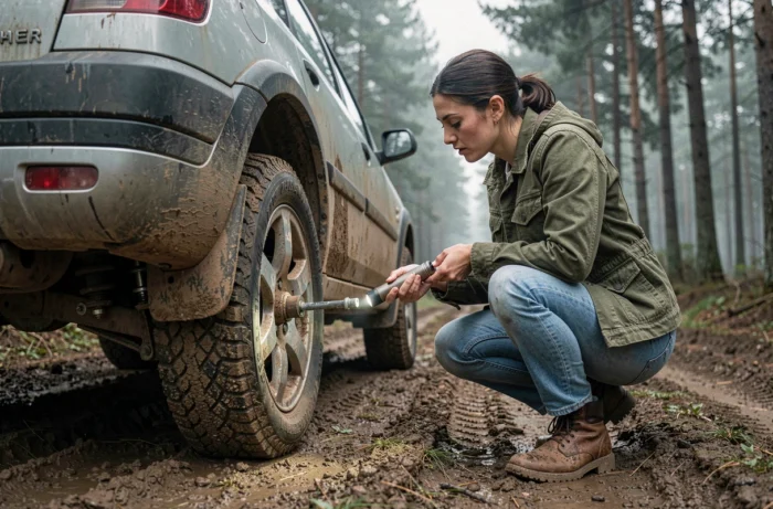 Femme inspectant la suspension améliorée d'une Peugeot P4 sur un chemin forestier boueux