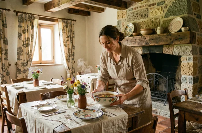 Intérieur rustique du Bistrot de Marie avec table dressée en céramique peinte et femme en tablier de lin servant une soupe près d'une cheminée en pierre