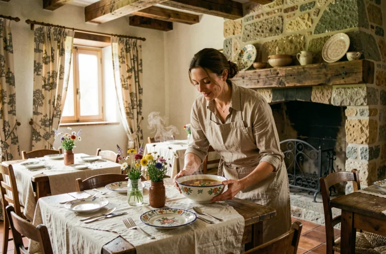 Intérieur rustique du Bistrot de Marie avec table dressée en céramique peinte et femme en tablier de lin servant une soupe près d'une cheminée en pierre