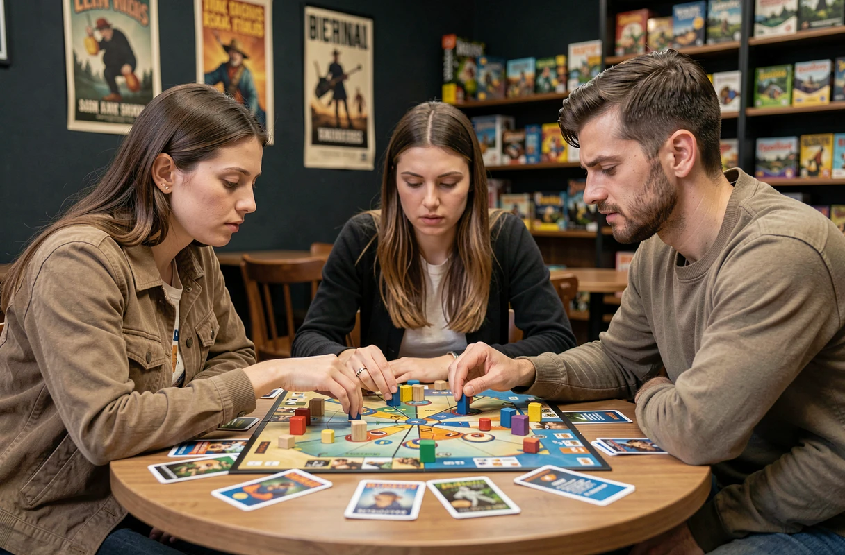 Trois amis concentrés sur un jeu de stratégie dans un café de jeux de société tendance