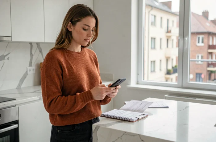 Jeune auto-entrepreneuse consultant ses factures et son téléphone depuis son appartement