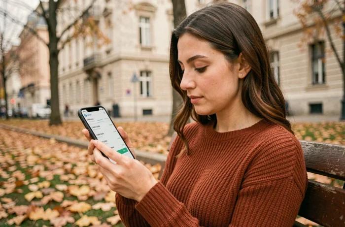 Jeune femme vérifiant son autorisation de découvert Crédit Agricole sur smartphone en extérieur dans un parc urbain