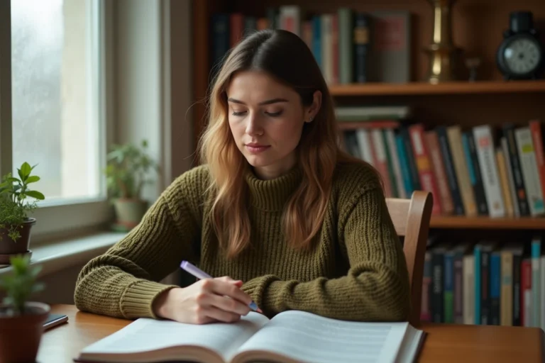 Jeune femme apprenant l'anglais avec un manuel ouvert dans un bureau chaleureux à la maison