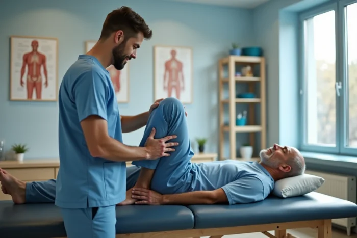 Kinésithérapeute guidant un patient âgé dans un exercice de mobilisation sacrée assis lors d'une séance de rééducation