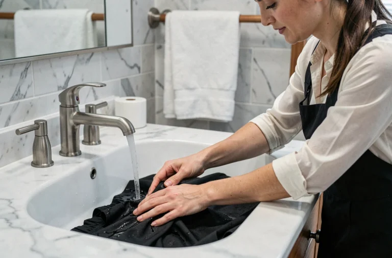 Femme lavant à la main une robe noire The Kooples dans un évier en céramique blanche, soin du textile délicat