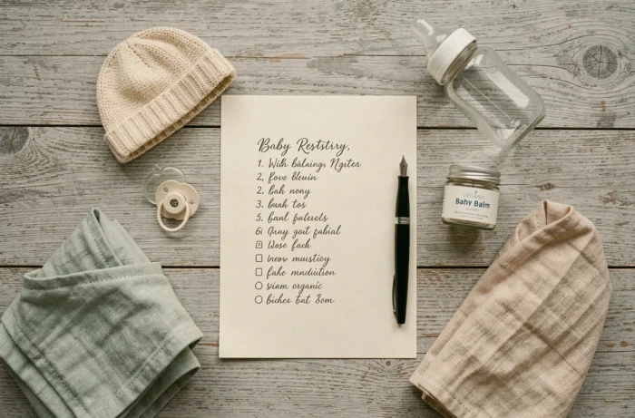 Vue de dessus d'une liste de naissance manuscrite entourée d'accessoires essentiels pour nouveau-né sur une table en bois naturel
