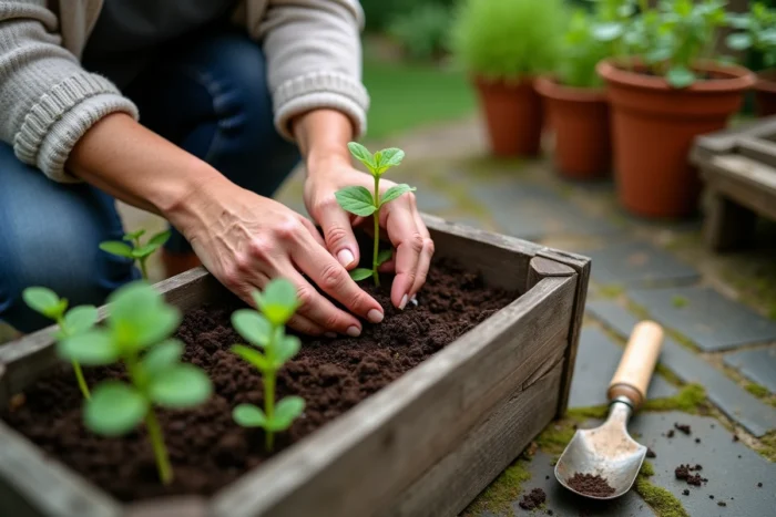 Mains expérimentées replantant des semis dans un bac en bois recyclé sur une terrasse de jardin naturel