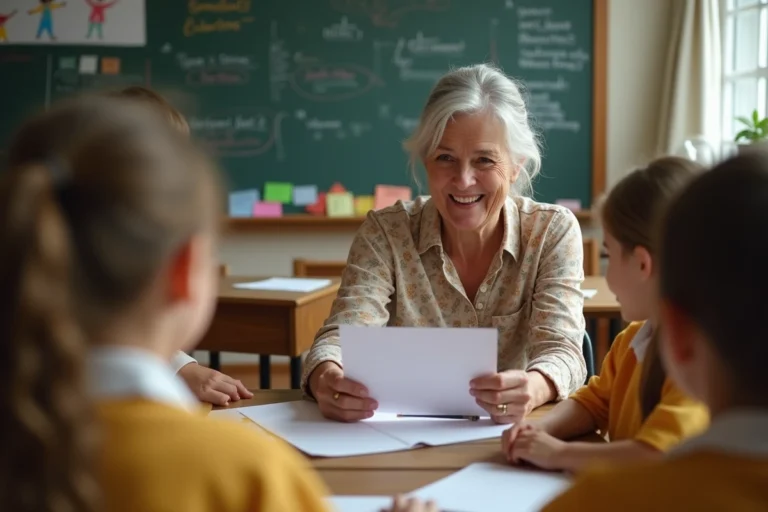 Maîtresse d'école émue recevant une carte de vœux de ses élèves pour son départ à la retraite dans une salle de classe décorée