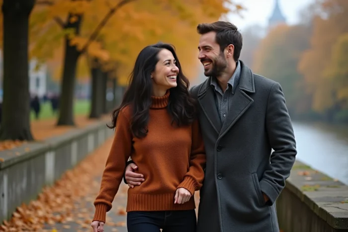 Couple élégant riant en se promenant le long d'une promenade en bord de rivière en automne