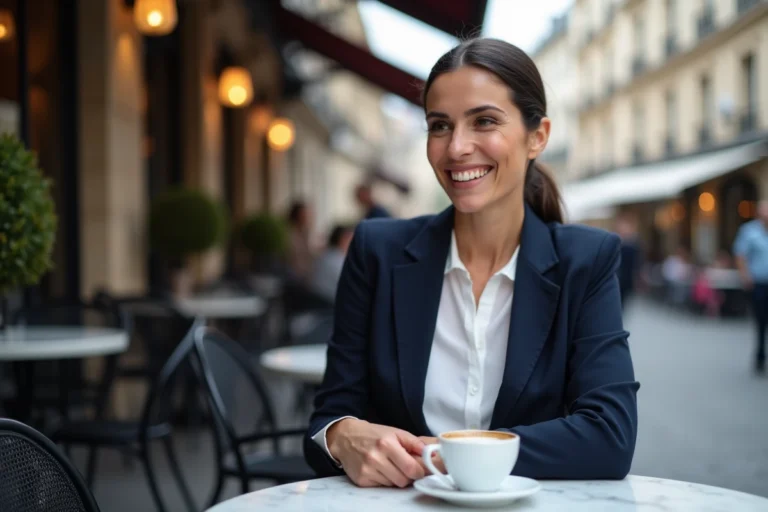 Femme journaliste élégante souriante à la terrasse d'un café parisien, portrait 3/4 décontracté