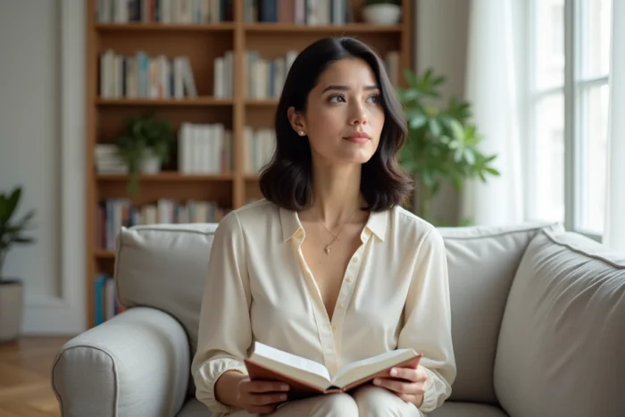 Femme journaliste pensive assise dans un appartement parisien moderne avec un livre, ambiance intimiste