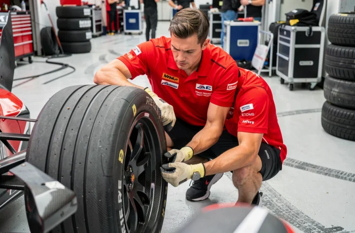 Mécanicien de course montant un pneu de performance sur une voiture de compétition dans un garage de pit lane