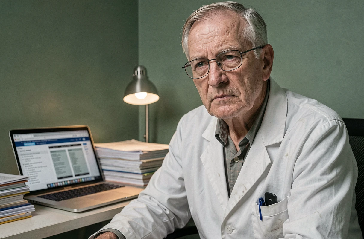 Portrait d'un médecin senior pensif entouré de dossiers patients et de réglementations médicales dans une salle de consultation