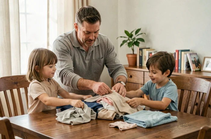 Un père modélisant un comportement calme et coopératif devant ses enfants qui l'imitent spontanément