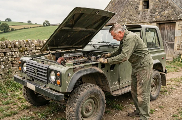 Mécanicien effectuant des modifications sur une Peugeot P4 militaire réformée dans un cadre rural français