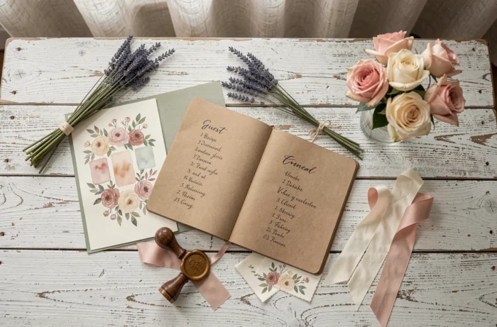 Planification de mariage avec carnets, échantillons de tissus et fleurs séchées sur une table en bois