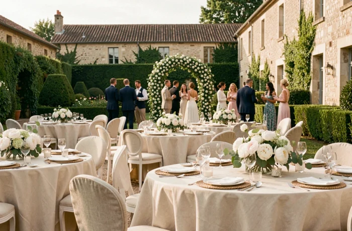 Vue d'ensemble d'un domaine de mariage en plein air décoré avec des tables rondes, des compositions florales et une arche de fleurs au fond d'une allée de jardin