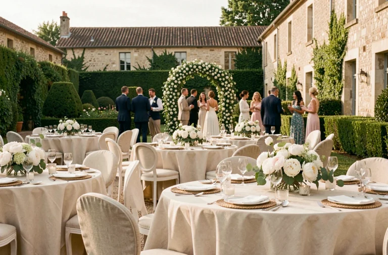 Vue d'ensemble d'un domaine de mariage en plein air décoré avec des tables rondes, des compositions florales et une arche de fleurs au fond d'une allée de jardin
