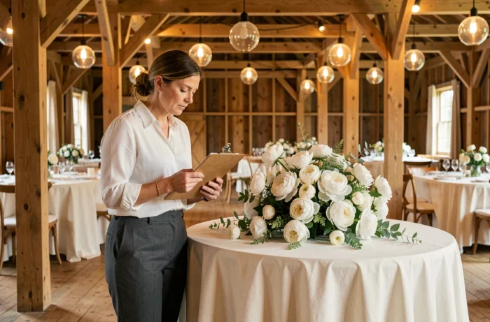 Organisatrice de mariage supervisant la décoration d'une salle de réception dans une grange élégante